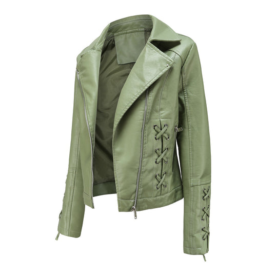 Damen modische Kunstlederjacke mit raffinierten Schnürdetails R&B