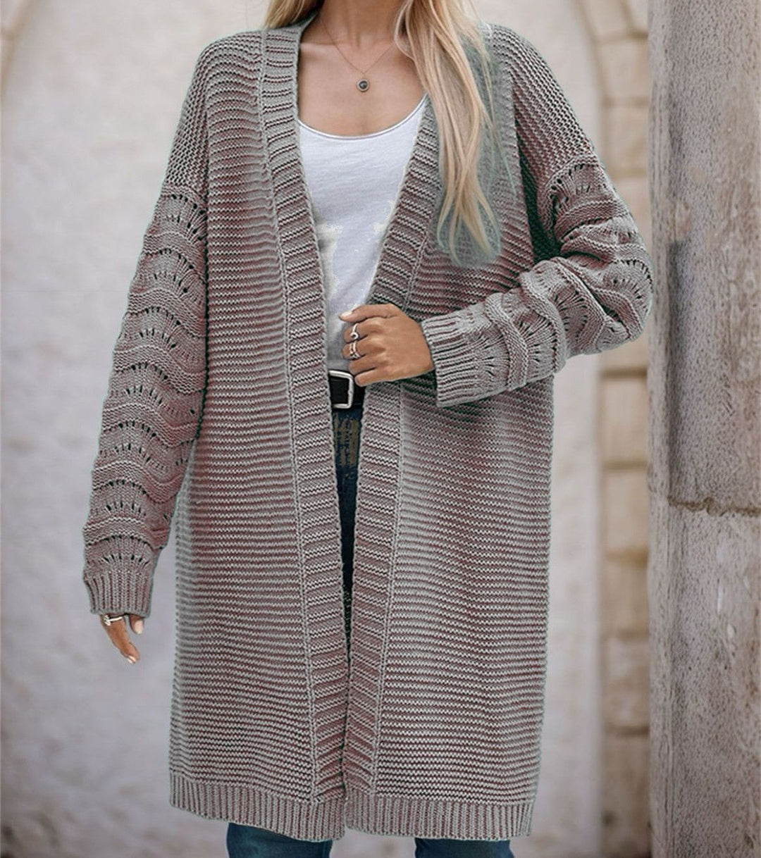 Damen Langer Strickcardigan mit luftiger Maschenstruktur und offener Front R&B