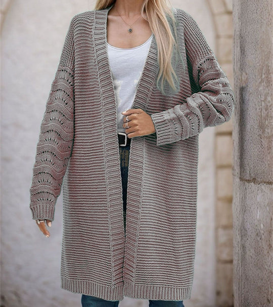 Damen Langer Strickcardigan mit luftiger Maschenstruktur und offener Front R&B