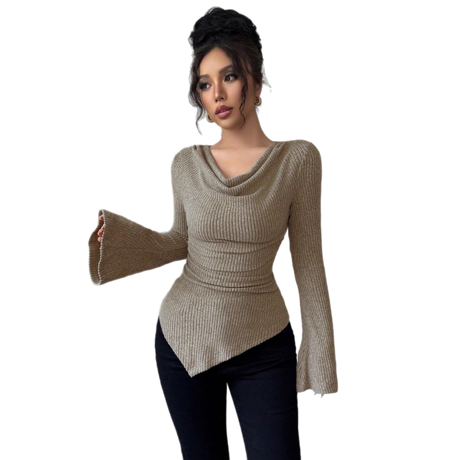 Damen elegantes Ripp-Oberteil mit asymmetrischem Saum und schulterfreiem Design R&B