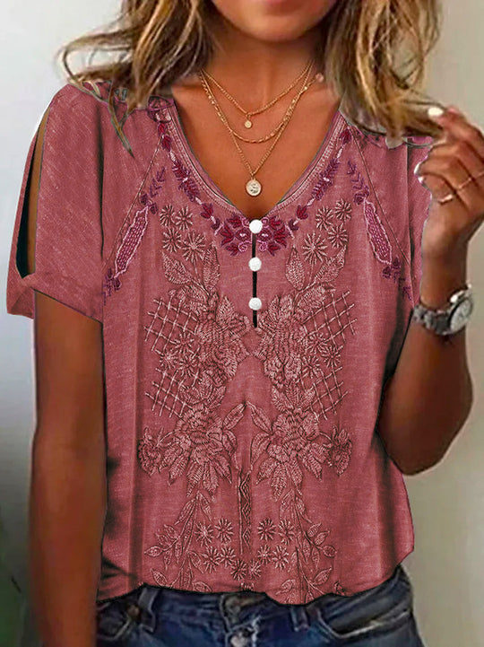 Damen Kurzarmbluse mit floralen Stickereien und Knopfdetails R&B