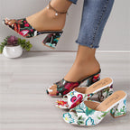 Damen Offene Mules mit floralem Muster und komfortablem Blockabsatz R&B