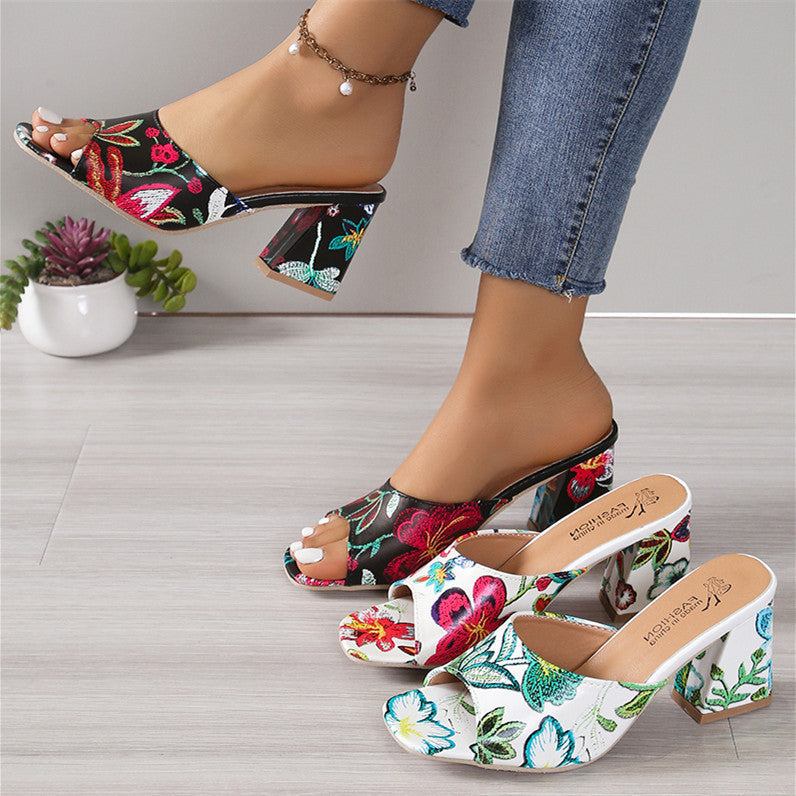 Damen Offene Mules mit floralem Muster und komfortablem Blockabsatz R&B
