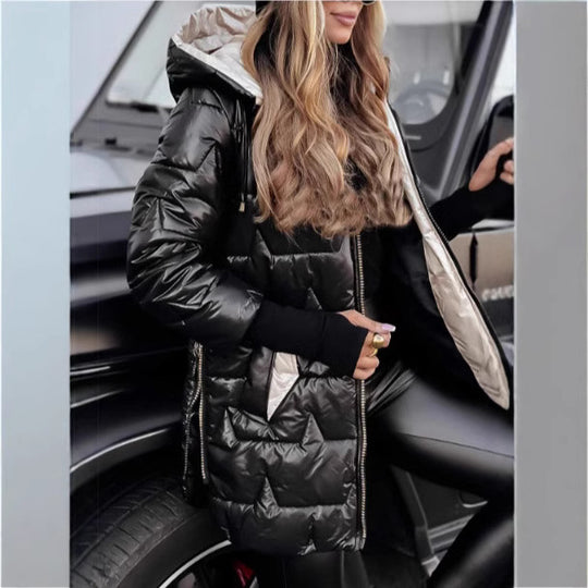 Damen Lange Steppjacke mit Kapuze und praktischen Taschen R&B
