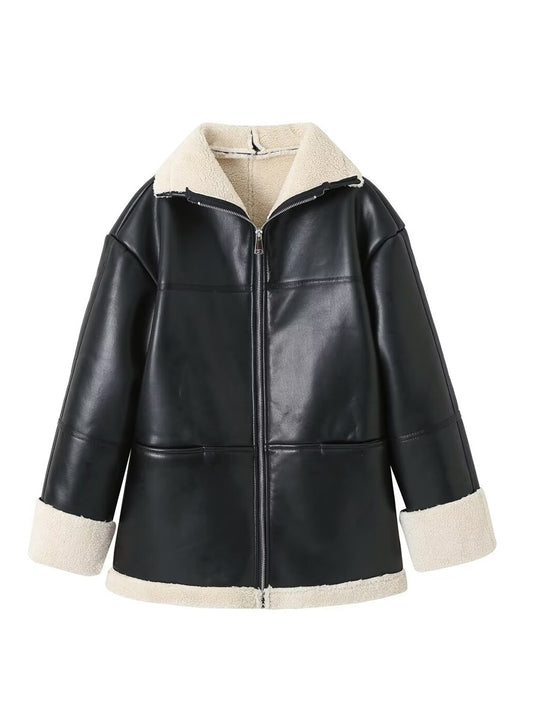 Damen Kunstlederjacke mit Teddyfutter R&B