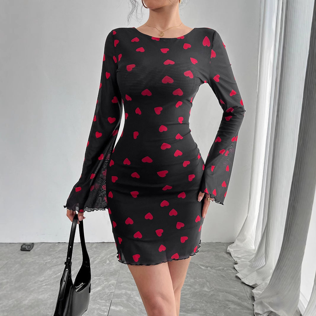 Damen Minikleid mit romantischem Herzmuster und langen Ärmeln R&B