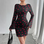 Damen nan figurbetontes Mini-Kleid aus feinem Netzstoff mit Herzmuster und Trompetenärmeln R&B