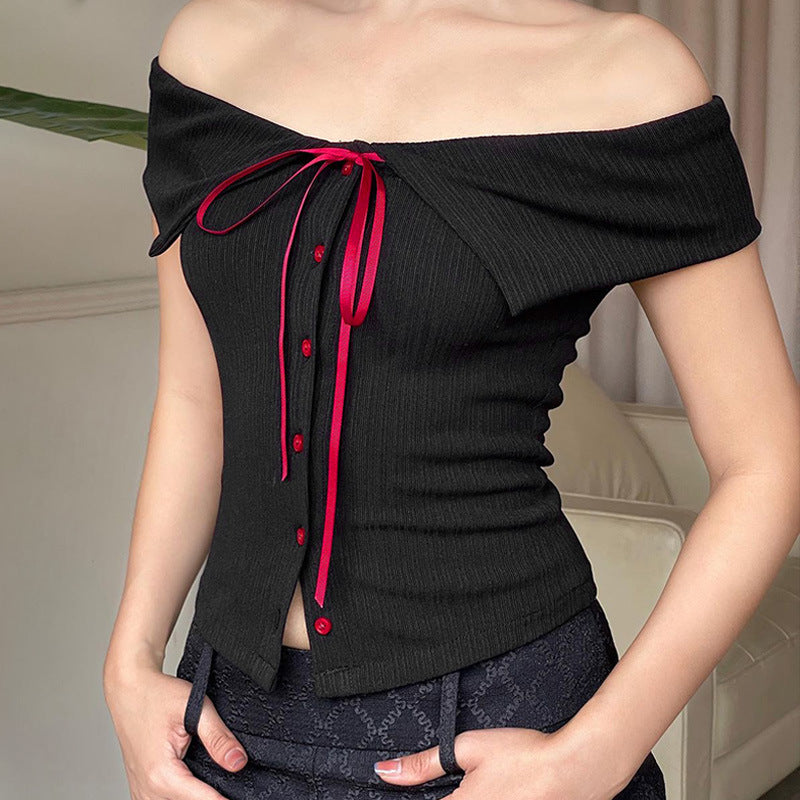 Damen Off-Shoulder Bluse mit Kontrastknöpfen und Taillenband R&B