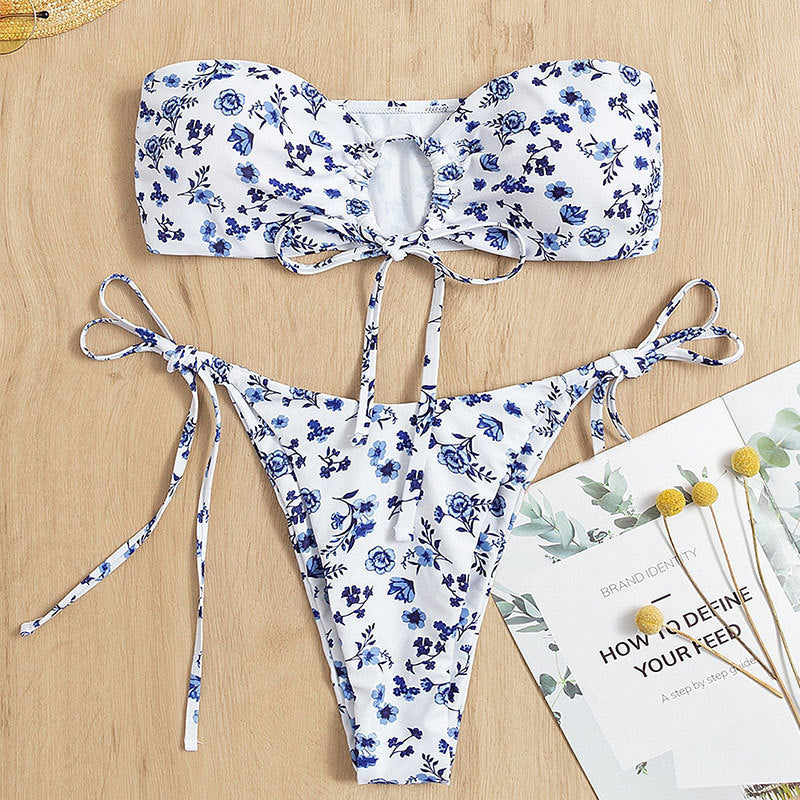 Damen Bandeau-Bikini mit floralem Cut-Out-Design und verstellbaren Trägern R&B