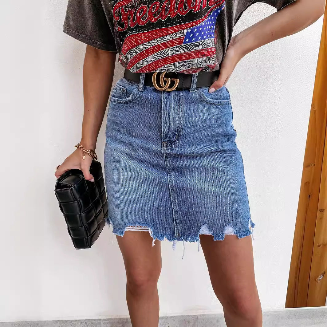 Damen Jeansrock mit fransigem Saum und hohem Sitz R&B