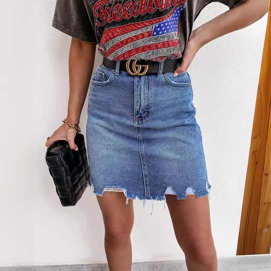 Damen Jeansrock mit fransigem Saum und hohem Sitz R&B