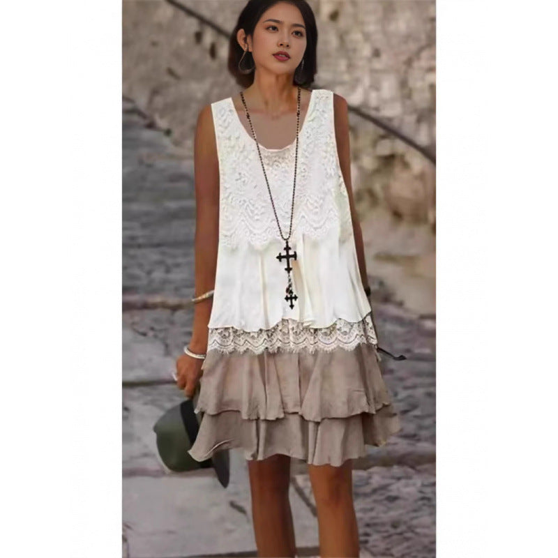 Damen lässiges Strandkleid mit Spitzenverzierung und voluminösem Rüschensaum R&B