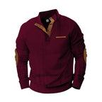 Herren nan strukturiertes Halbknopf-Pullover mit gesteppter Oberfläche, Ellbogen-Patches und Stehkragen R&B