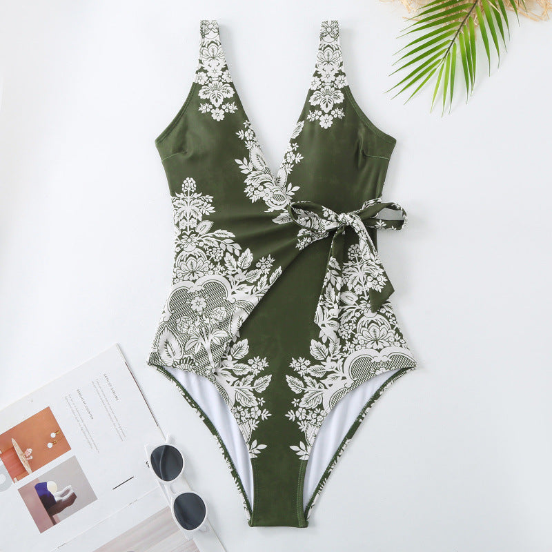 Damen Einteiler Badeanzug mit modischem Wickeldesign und floralem Muster R&B