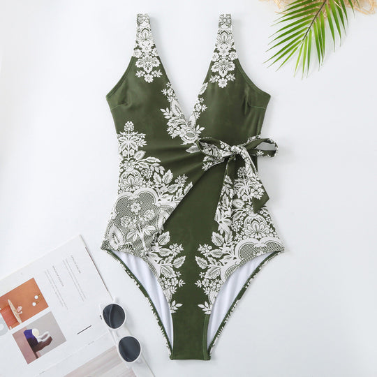 Damen Einteiler Badeanzug mit modischem Wickeldesign und floralem Muster R&B