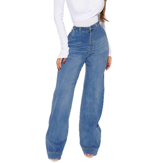 Damen Weite Denim-Hose mit hoch geschnittenem Bund und lässigem Schnitt R&B