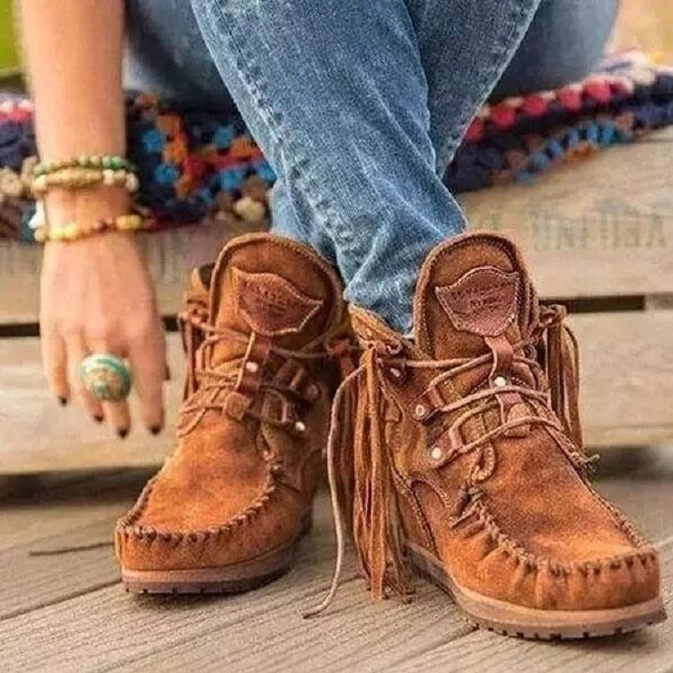 Damen Mokassinstiefel mit modischen Fransen und dekorativen Nähte R&B