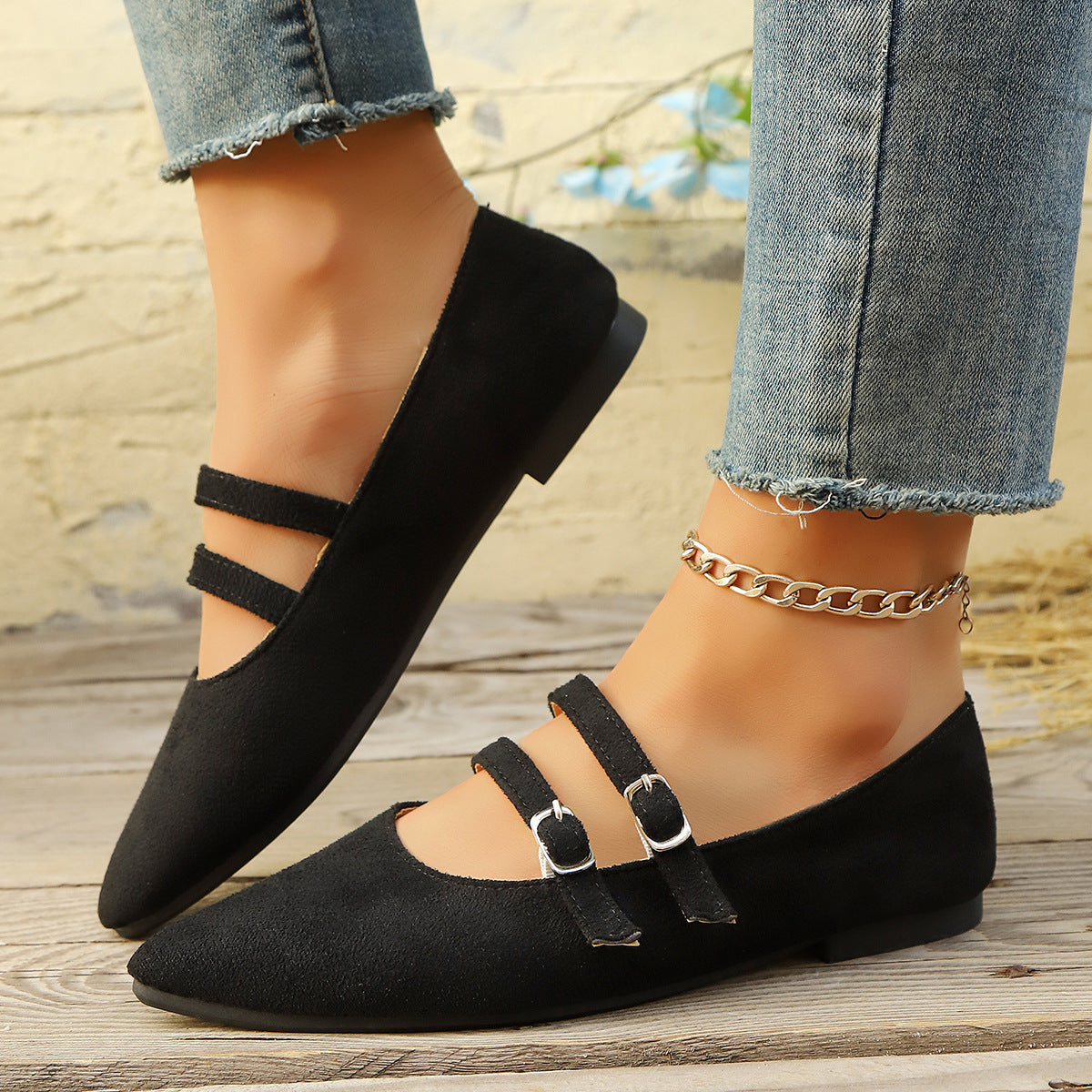 Damen elegante Ballerinas mit doppeltem Riemen und spitzem Design R&B