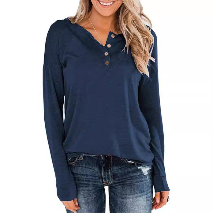 Damen modisches Langarm-Henley-Shirt mit Knopfleiste R&B