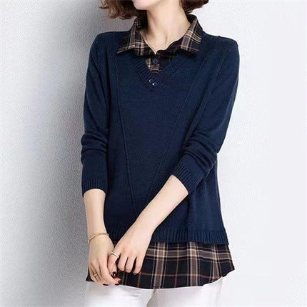 Damen Layered Strickpullover mit V-Ausschnitt und trendy Hemdbluse R&B