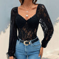 Damen Spitzen-Bodysuit mit Puffärmeln und raffiniertem Ausschnitt R&B
