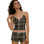 Damen Schlafanzug mit Karomuster und elegantem Spitzendetail R&B