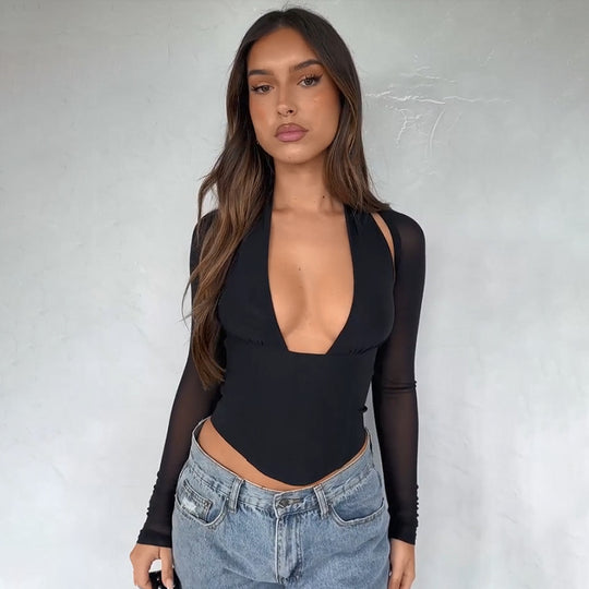 Damen Cropped-Top mit transparenten Ärmeln und tiefem V-Ausschnitt R&B