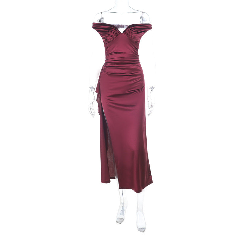 Damen elegantes schulterfreies Maxikleid mit fließendem Satin und verführerischem Schlitz R&B