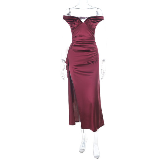 Damen elegantes schulterfreies Maxikleid mit fließendem Satin und verführerischem Schlitz R&B
