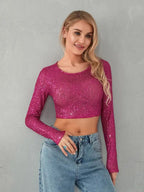 Damen Glitzerndes Langarm-Top mit funkelnden Pailletten