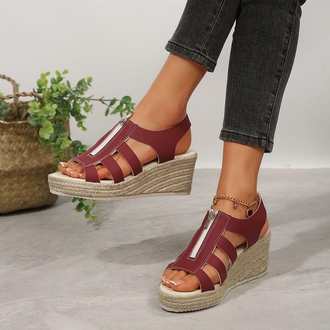 Damen Plateau-Riemchen-Sandalen mit Reißverschluss und geflochtener Sohle R&B