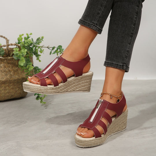 Damen Plateau-Riemchen-Sandalen mit Reißverschluss und geflochtener Sohle R&B