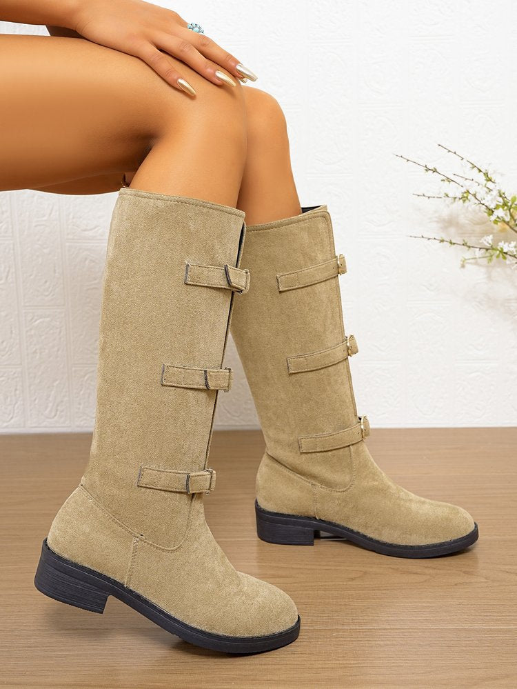 Damen Overkneestiefel mit modischen Schnallen und robustem Profilsohle R&B
