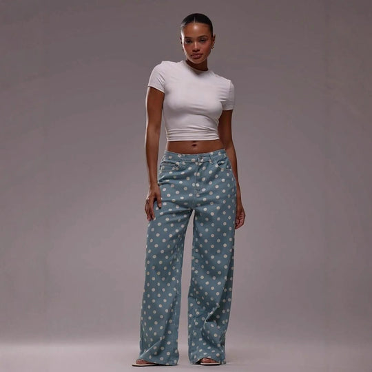 Damen weite Polka-Dot Palazzo-Hosen mit high-waist Schnitt R&B
