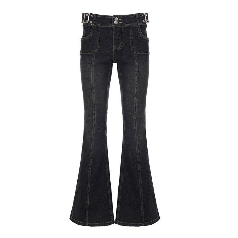 Damen Flared Jeans mit modischen Steppnähten und anpassbarem Bund R&B