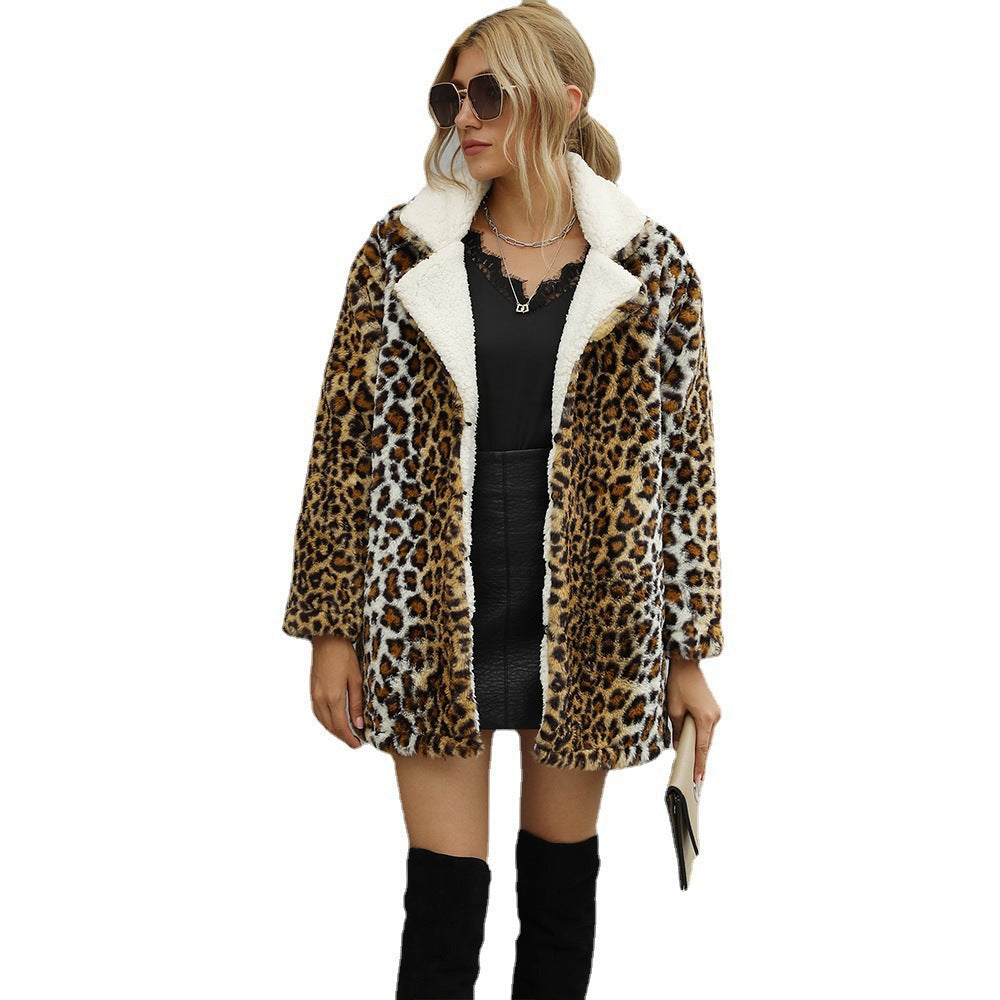 Damen Kunstfelljacke mit modischem Leopardenmuster und weichem Innenfutter R&B
