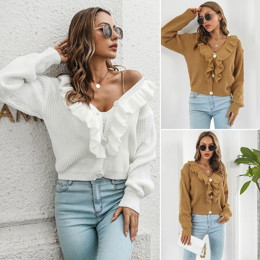 Damen Strickjacke mit Rüschendetails und Knopfverschluss R&B
