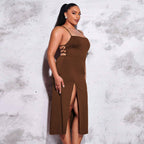 Damen schickes Maxikleid mit Spaghetti-Trägern und seitlichem Schlitz R&B
