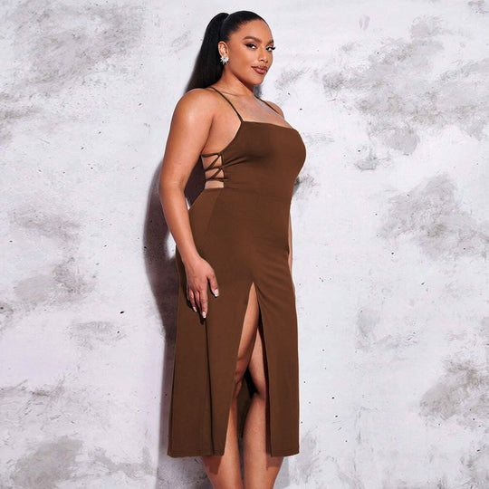 Damen schickes Maxikleid mit Spaghetti-Trägern und seitlichem Schlitz R&B