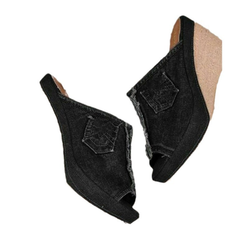 Damen Wedge-Pantoletten mit stylischem Jeans-Design R&B