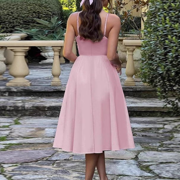 Damen Elegantes A-Linien Midi-Kleid mit Spaghettiträgern und weichem Stoff R&B