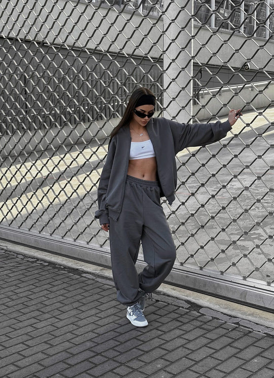 Damen lässiges Lounge-Set mit weiten Hosen und sportlicher Jacke R&B