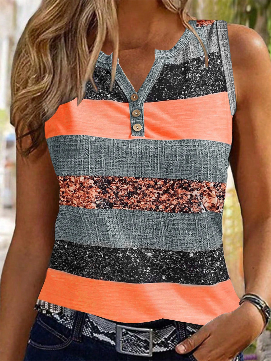 Damen Trendiges Geschlossenes Top mit Knopfleiste und vielseitigem Streifendesign R&B