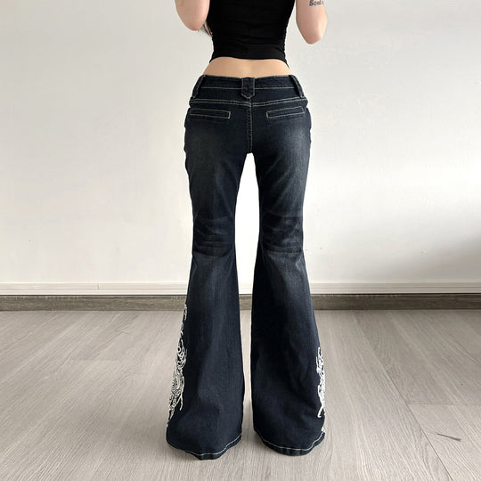 Damen Jeans mit ausgestelltem Bein und eleganter Stickerei R&B