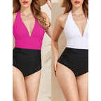 Damen Badeanzug mit tiefem V-Ausschnitt und elegantem Farbkontrast R&B