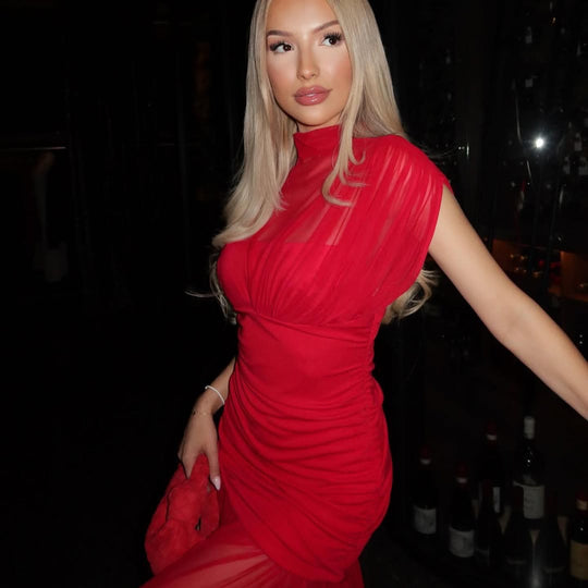 Damen Maxikleid mit modischem Stehkragen und raffiniertem Raffungselement R&B