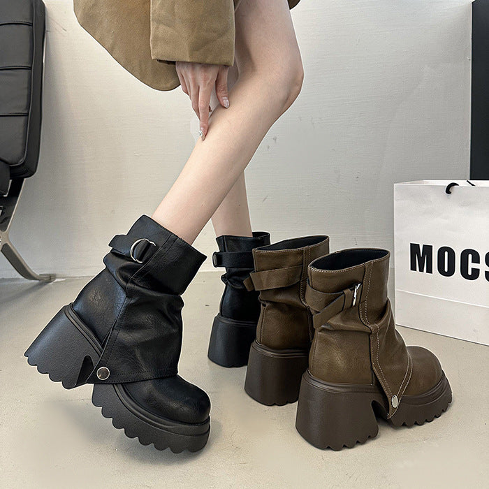 Damen modische Chunky-Boots mit dekorativem Riemen und stabiler Sohle R&B