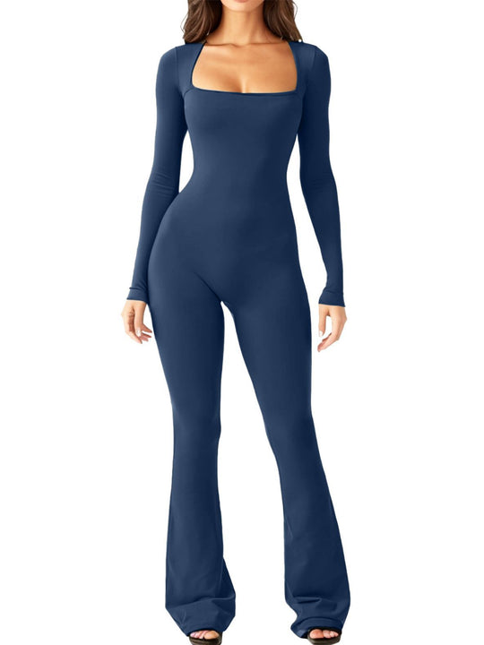 Damen Langarm-Overall mit quadratischem Ausschnitt und weitem Bein R&B