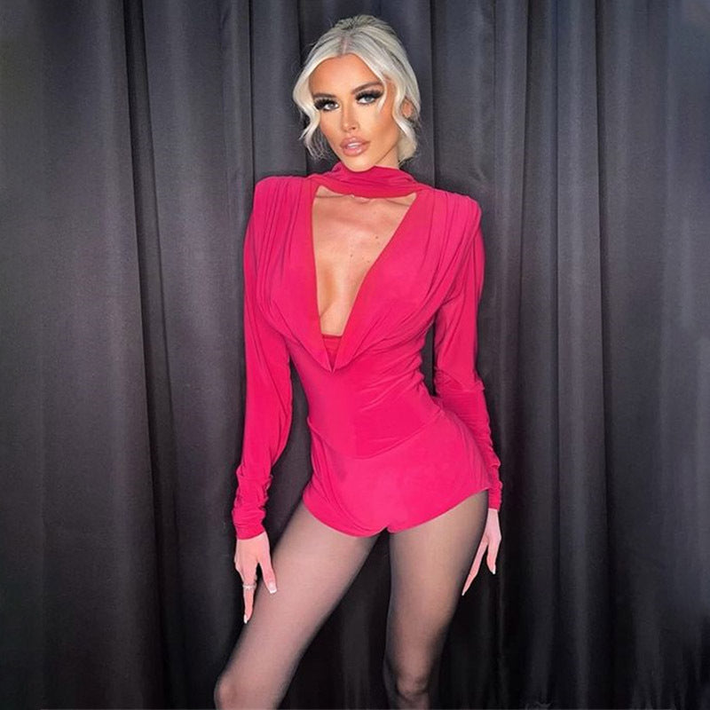 Damen elegantes Bodysuit mit tiefem V-Ausschnitt und langen Ärmeln R&B