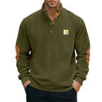 Herren nan Strickpullover im Troyer-Stil mit Stehkragen Lederbesatz Druckknopfleiste und Ellbogen-Patches R&B